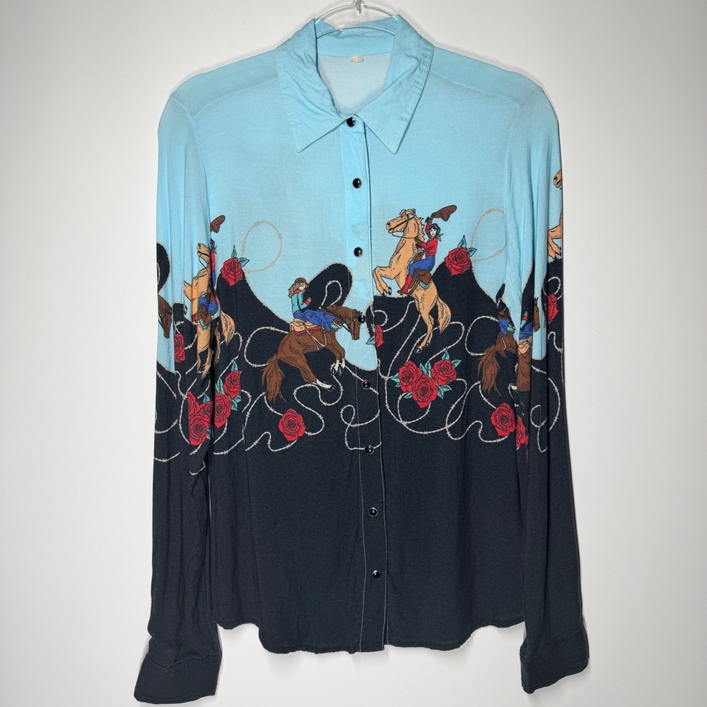 Roper Cowgirl Rider Western Shirt Blue Black Rayon - See measurements - Picture 3 of 10